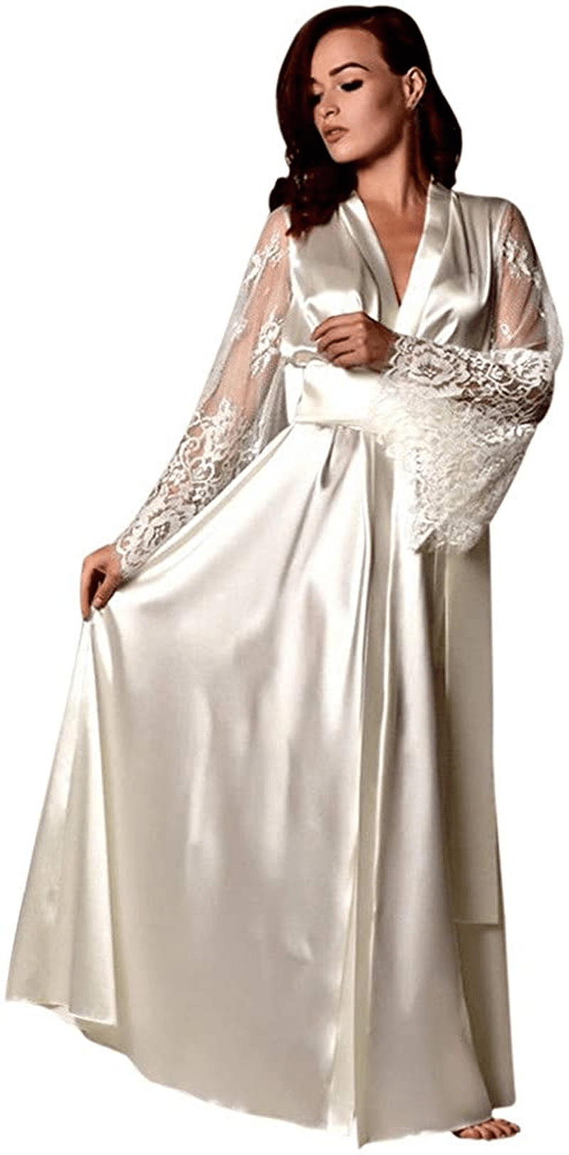 Women'S Sleepwear Robe,Sexy Lingerie Satin Negligees Long Sleeve Nightgowns Loungewear Bathrobe Pajamas Baby Dolls Chemises Apparel & Accessories > Clothing > Underwear & Socks > Shapewear AKshehe #2white Large 