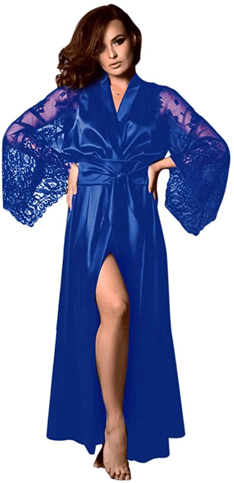 Women'S Sleepwear Robe,Sexy Lingerie Satin Negligees Long Sleeve Nightgowns Loungewear Bathrobe Pajamas Baby Dolls Chemises Apparel & Accessories > Clothing > Underwear & Socks > Shapewear AKshehe #2blue Large 