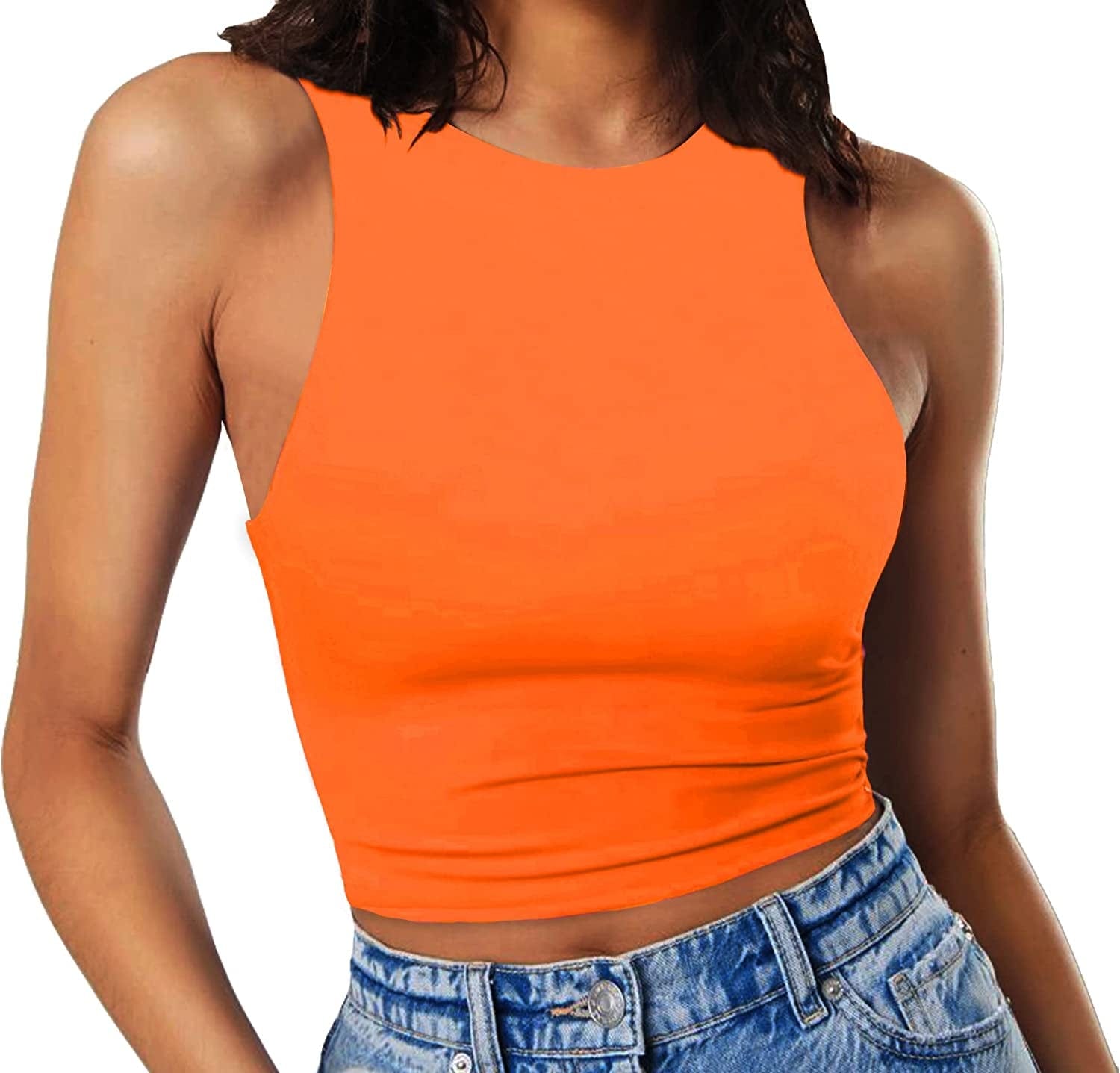 Women'S Sleeveless Cropped Shirts High Neck Stretchy Fitted Basic Crop Tank Top Orange / X-Small