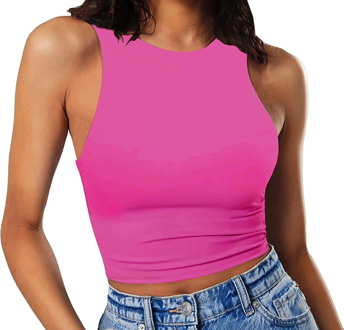 Women'S Sleeveless Cropped Shirts High Neck Stretchy Fitted Basic Crop Tank Top Hot Pink / X-Small