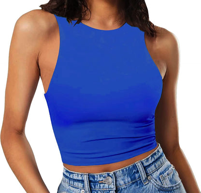 Women'S Sleeveless Cropped Shirts High Neck Stretchy Fitted Basic Crop Tank Top Royal Blue / X-Small