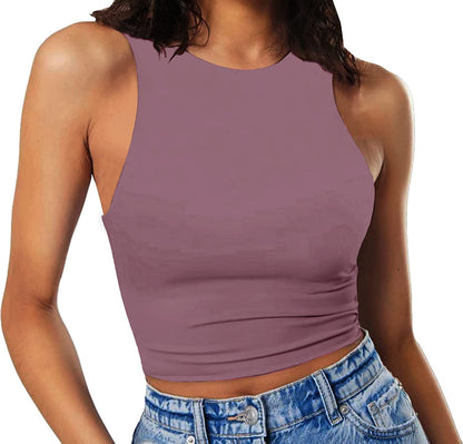 Women'S Sleeveless Cropped Shirts High Neck Stretchy Fitted Basic Crop Tank Top Lavender / X-Small