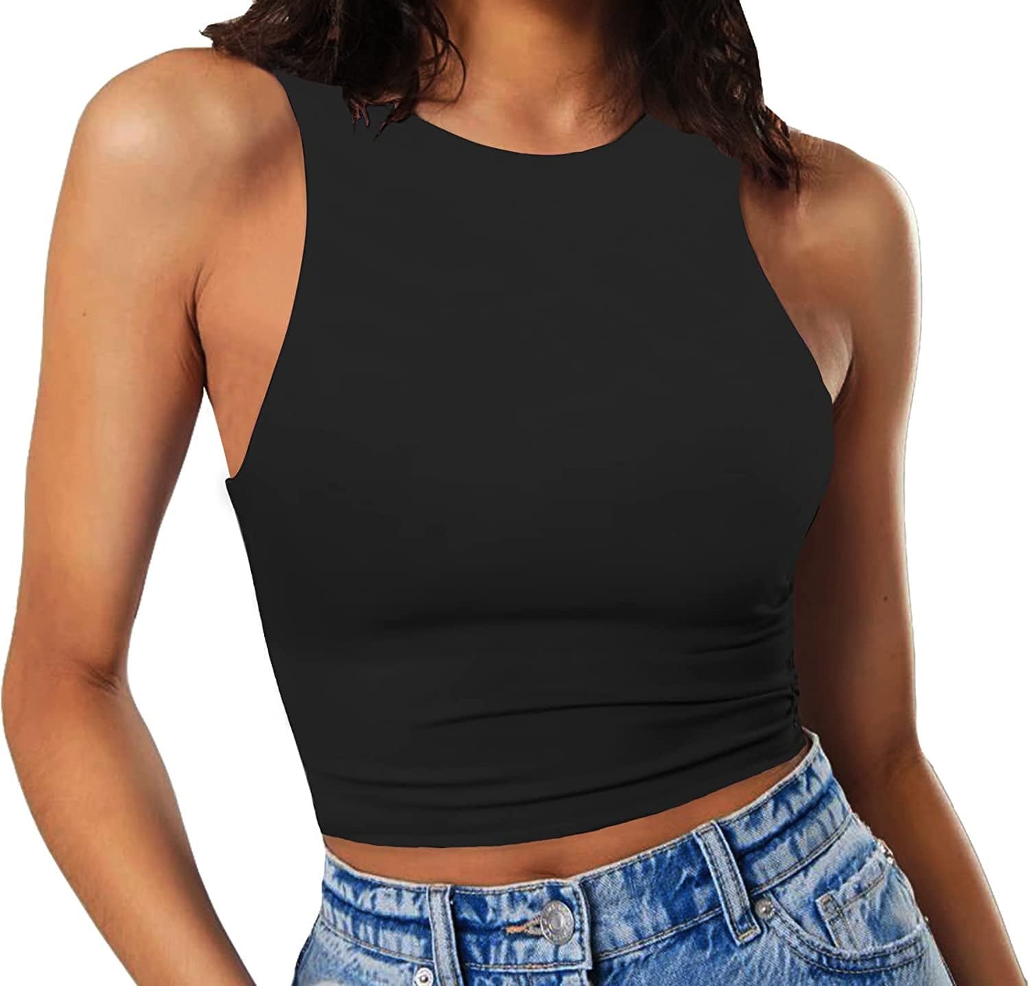 Women'S Sleeveless Cropped Shirts High Neck Stretchy Fitted Basic Crop Tank Top Black / X-Small