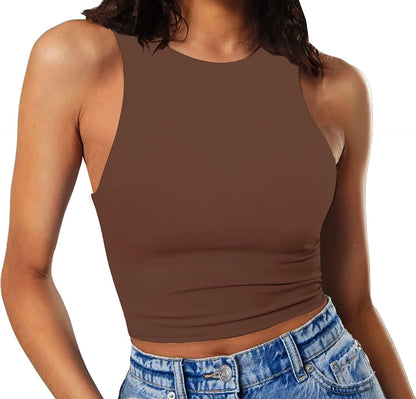 Women'S Sleeveless Cropped Shirts High Neck Stretchy Fitted Basic Crop Tank Top Mocha Brown / X-Small