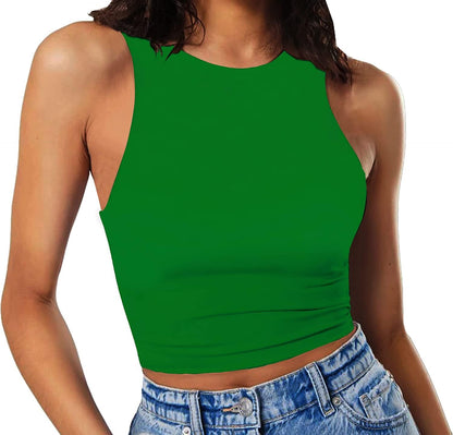 Women'S Sleeveless Cropped Shirts High Neck Stretchy Fitted Basic Crop Tank Top Kelly Green / X-Small