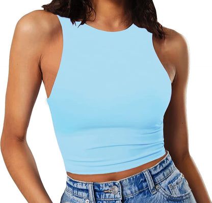 Women'S Sleeveless Cropped Shirts High Neck Stretchy Fitted Basic Crop Tank Top Light Blue / X-Small