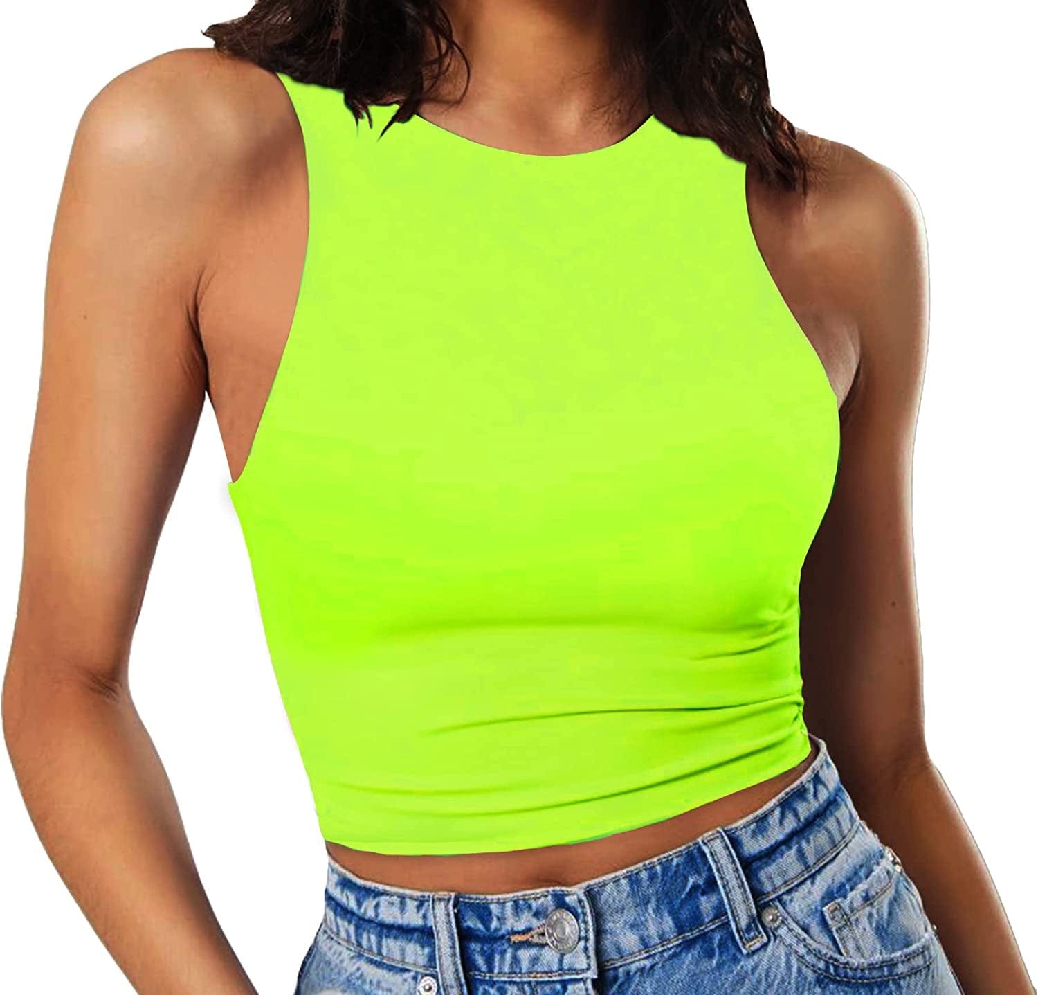 Women'S Sleeveless Cropped Shirts High Neck Stretchy Fitted Basic Crop Tank Top Neon Green / X-Small
