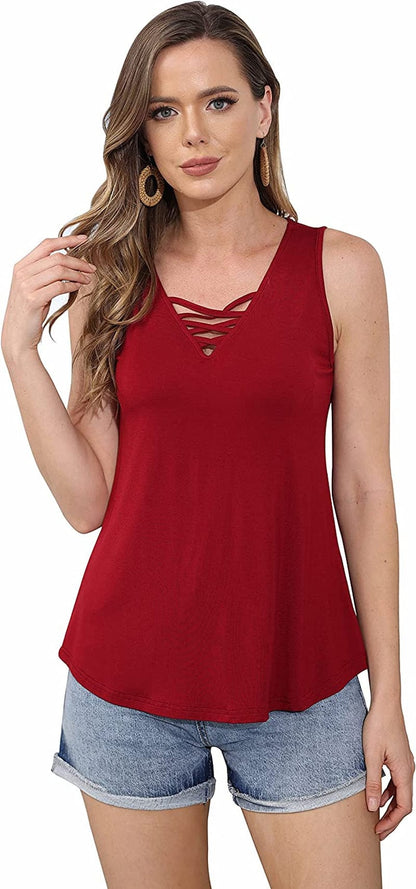 Women'S Sleeveless Lace up Casual Tank Tops Tunic Solid Blouse #0884_burgundy / Small