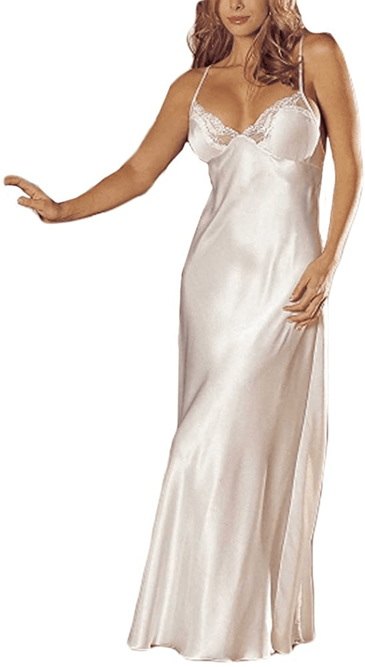 Women'S Sling Long Gown Skirt Satin Lace Sexy Lingerie Deep V-Neck Strappy Ladies Babydoll Sleepwear Negligees Nightgowns Apparel & Accessories > Clothing > Underwear & Socks > Shapewear aneralied White Small 