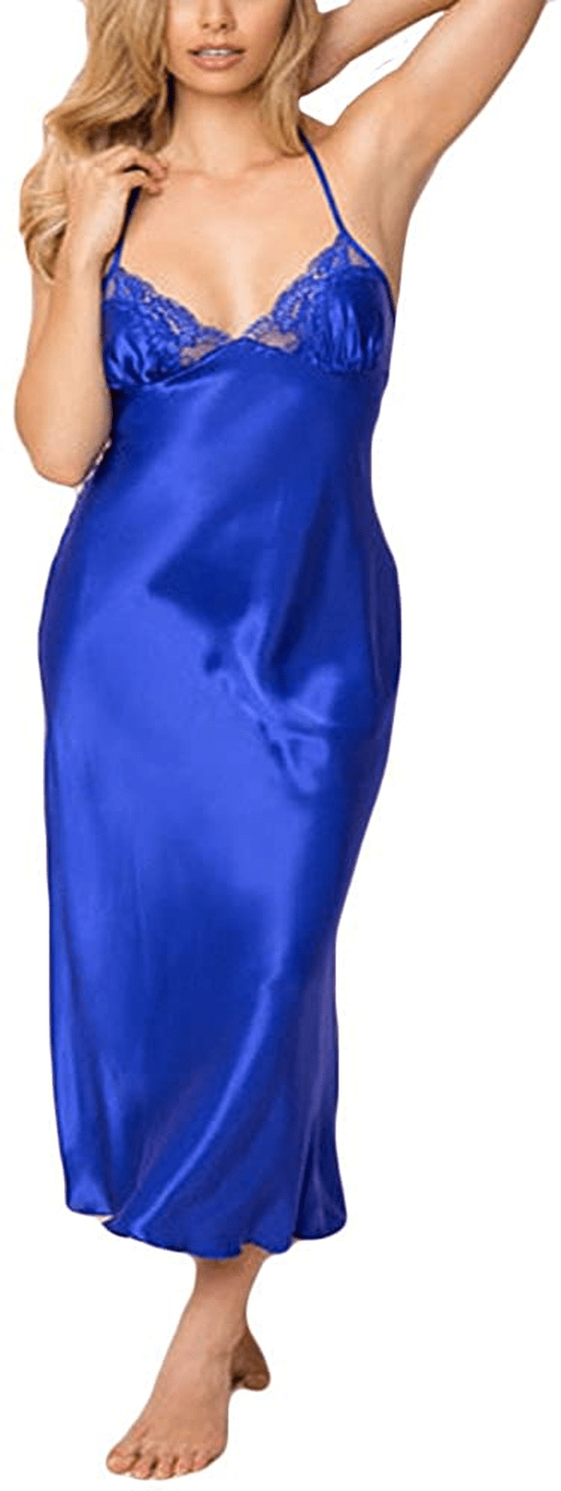 Women'S Sling Long Gown Skirt Satin Lace Sexy Lingerie Deep V-Neck Strappy Ladies Babydoll Sleepwear Negligees Nightgowns Apparel & Accessories > Clothing > Underwear & Socks > Shapewear aneralied Blue X-Large 
