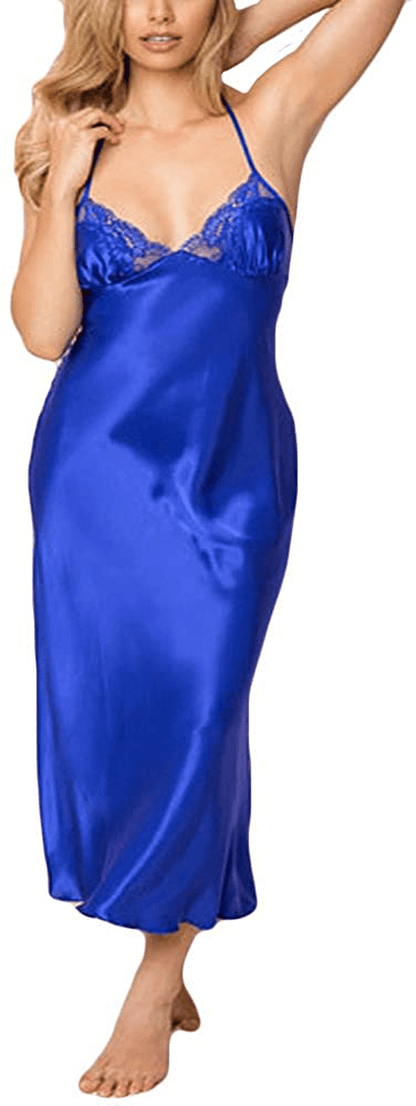 Women'S Sling Long Gown Skirt Satin Lace Sexy Lingerie Deep V-Neck Strappy Ladies Babydoll Sleepwear Negligees Nightgowns Apparel & Accessories > Clothing > Underwear & Socks > Shapewear aneralied Blue X-Large 