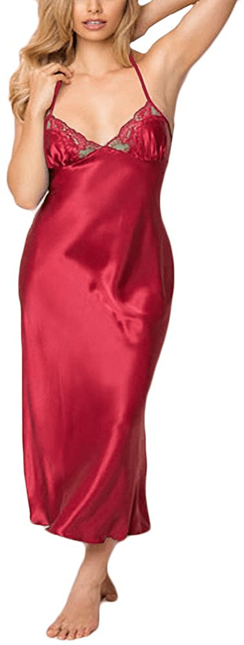 Women'S Sling Long Gown Skirt Satin Lace Sexy Lingerie Deep V-Neck Strappy Ladies Babydoll Sleepwear Negligees Nightgowns Apparel & Accessories > Clothing > Underwear & Socks > Shapewear aneralied Red Medium 