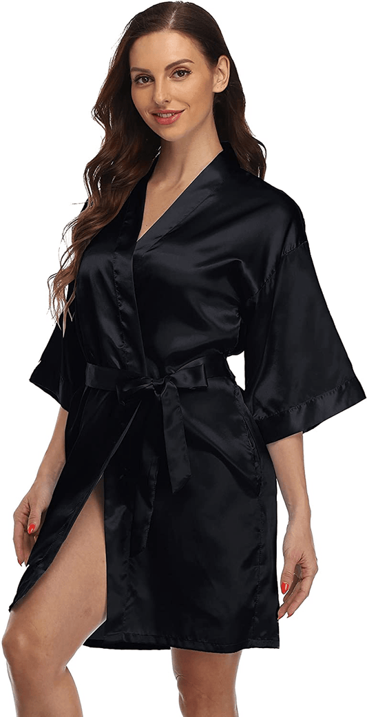 Women'S Solid Color Short Kimono Satin Bathrobe Silky Bride and Bridesmaid Robe Apparel & Accessories > Clothing > Sleepwear & Loungewear > Robes Valennia Black X-Large 