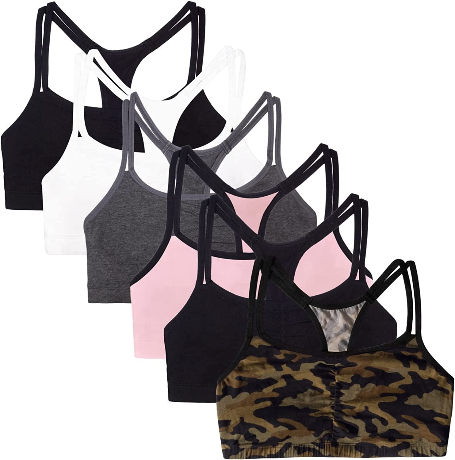 Women'S Spaghetti Strap Cotton Pullover Sports Bra Value Pack Petite Modern Camo/White/Black Hue/Blushing Rose With Black/Charcoal/Black Hue / 32