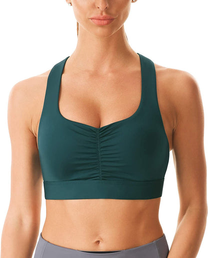Women'S Sports Bra Longline Seamless Padded Light Support Workout Shirts Bra Yoga Tank Top #018 Dark Green / Small