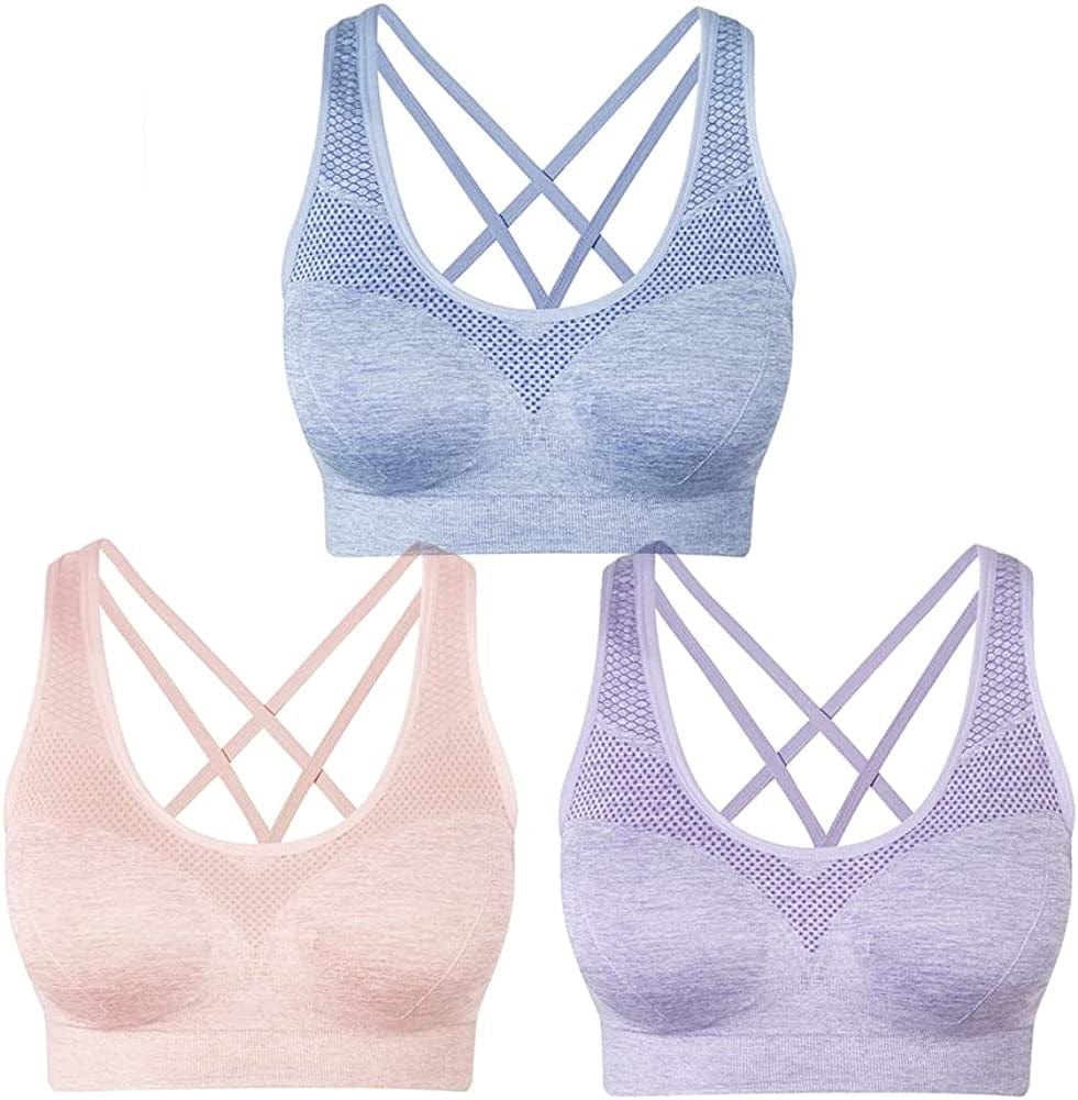 Women'S Sports Bras Cross Back Strappy Padded Bras for Yoga Workout Fitness Medium Support Pink&purple&blue / X-Large