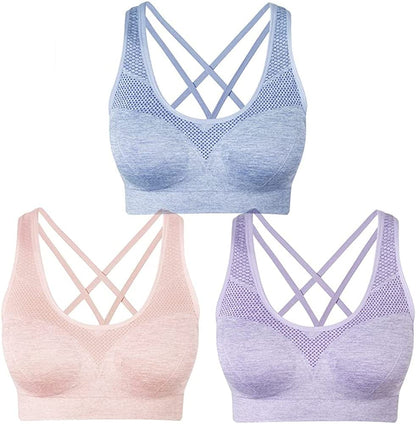 Women'S Sports Bras Cross Back Strappy Padded Bras for Yoga Workout Fitness Medium Support Pink&purple&blue / X-Large