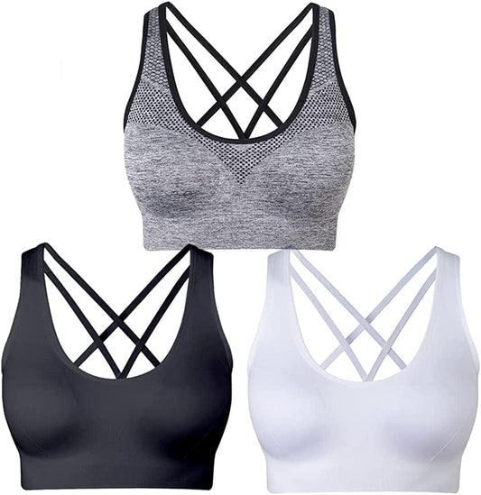 Women'S Sports Bras Cross Back Strappy Padded Bras for Yoga Workout Fitness Medium Support Black&white&grey / X-Large