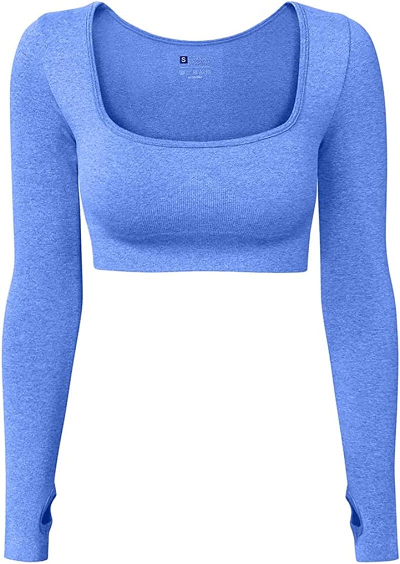 Women'S Sports Yoga Gym Stretch Bodycon Crop Top Compression Workout Athletic Long Sleeve Shirt Blue / Large