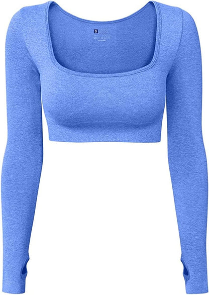 Women'S Sports Yoga Gym Stretch Bodycon Crop Top Compression Workout Athletic Long Sleeve Shirt Blue / Large