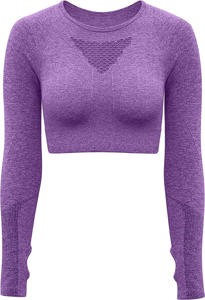 Women'S Sports Yoga Gym Stretch Bodycon Crop Top Compression Workout Athletic Long Sleeve Shirt Purple1 / Medium