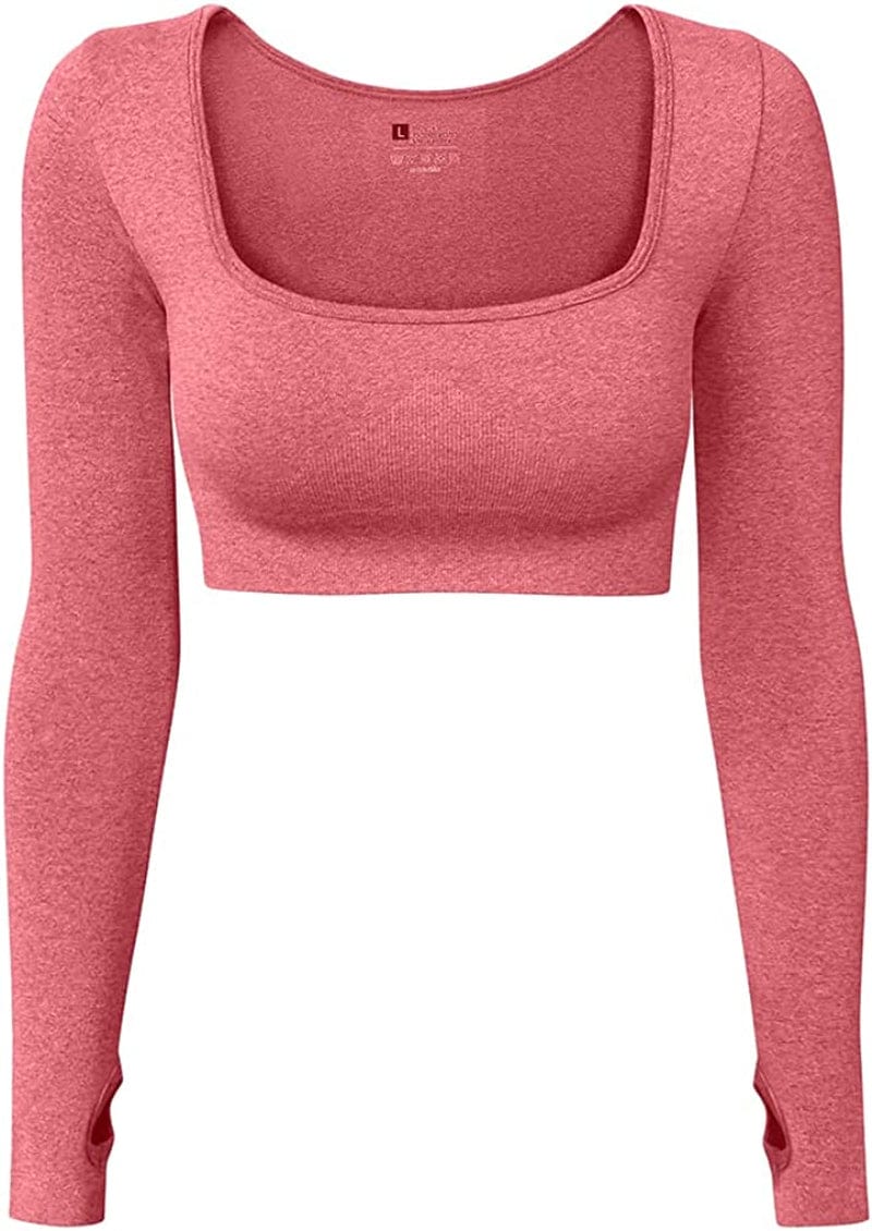 Women'S Sports Yoga Gym Stretch Bodycon Crop Top Compression Workout Athletic Long Sleeve Shirt Red / Large