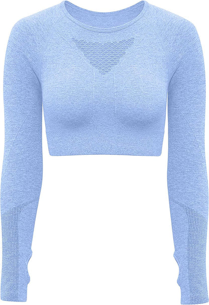 Women'S Sports Yoga Gym Stretch Bodycon Crop Top Compression Workout Athletic Long Sleeve Shirt Blue1 / Medium