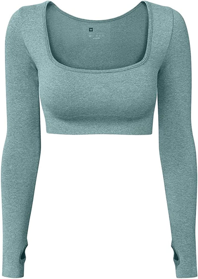 Women'S Sports Yoga Gym Stretch Bodycon Crop Top Compression Workout Athletic Long Sleeve Shirt Darkgreen / Large