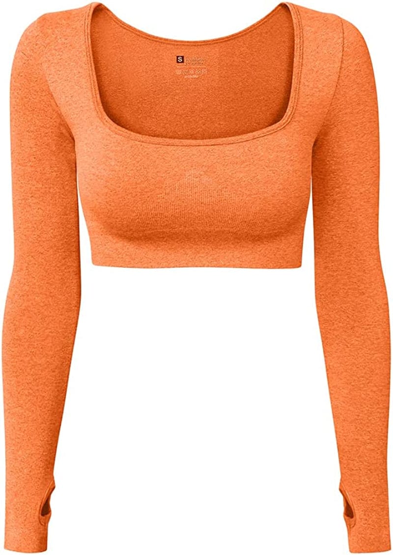 Women'S Sports Yoga Gym Stretch Bodycon Crop Top Compression Workout Athletic Long Sleeve Shirt Orange / Large