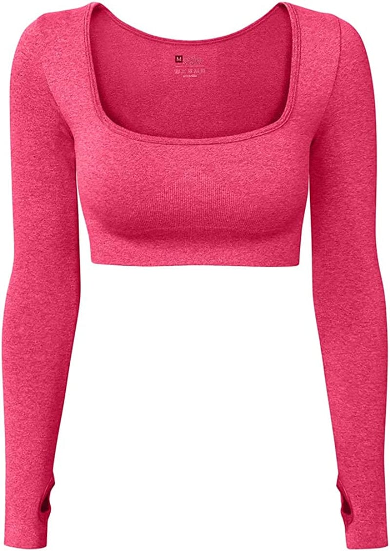 Women'S Sports Yoga Gym Stretch Bodycon Crop Top Compression Workout Athletic Long Sleeve Shirt Rose / Large