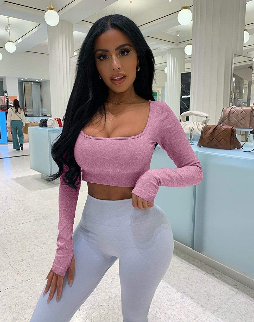 Women'S Sports Yoga Gym Stretch Bodycon Crop Top Compression Workout Athletic Long Sleeve Shirt
