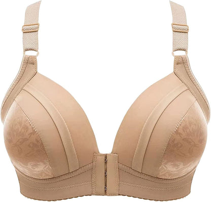 Women'S Steel Ring Thin Front Button Bras, plus Size Push up Breathable Comfort Underwear Wireless Bra Khaki / 38