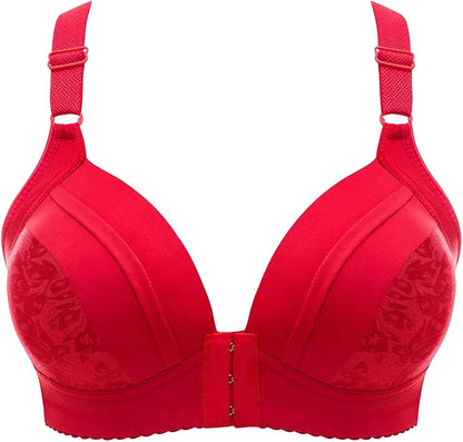 Women'S Steel Ring Thin Front Button Bras, plus Size Push up Breathable Comfort Underwear Wireless Bra Red / 36