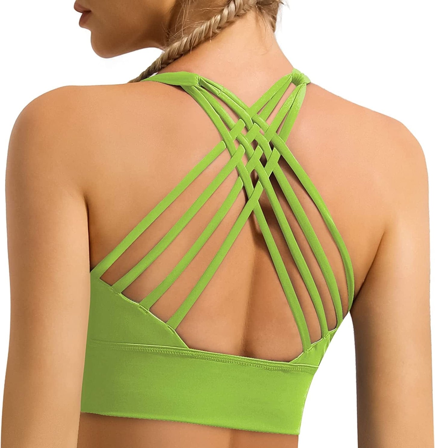 Women'S Strappy Longline Sports Bra Crisscross Back Medium Support Padded Workout Tank Yoga Crop Top #1 Green / Large