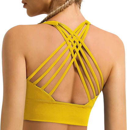 Women'S Strappy Longline Sports Bra Crisscross Back Medium Support Padded Workout Tank Yoga Crop Top #1 Yellow / Large