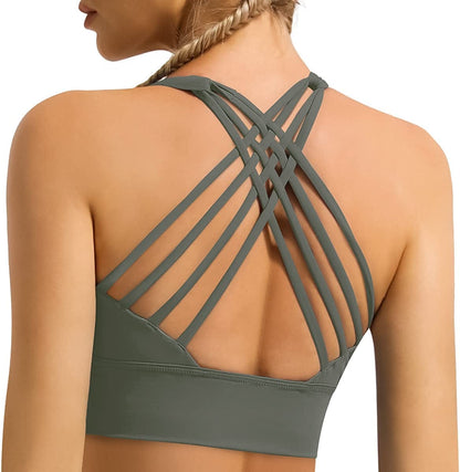 Women'S Strappy Longline Sports Bra Crisscross Back Medium Support Padded Workout Tank Yoga Crop Top #1 Leaf Green / Small