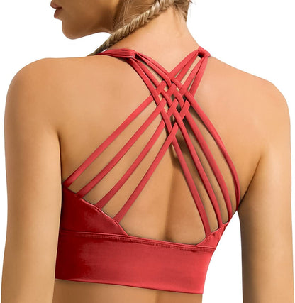 Women'S Strappy Longline Sports Bra Crisscross Back Medium Support Padded Workout Tank Yoga Crop Top #1 Neon Red / Large