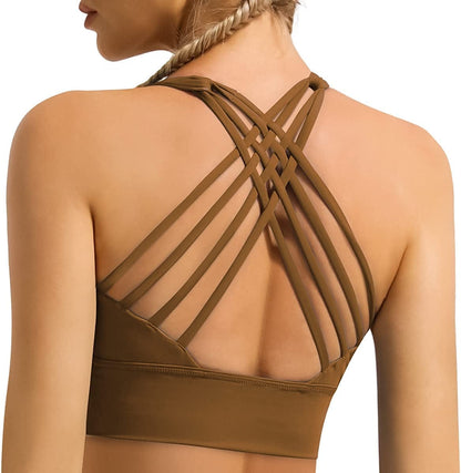 Women'S Strappy Longline Sports Bra Crisscross Back Medium Support Padded Workout Tank Yoga Crop Top #1 Coffee / Medium