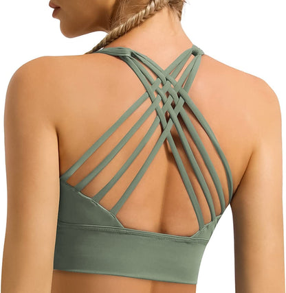 Women'S Strappy Longline Sports Bra Crisscross Back Medium Support Padded Workout Tank Yoga Crop Top #1 Hazy Green / XX-Large