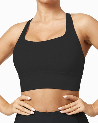 Women'S Strappy Longline Sports Bra Crisscross Back Medium Support Padded Workout Tank Yoga Crop Top