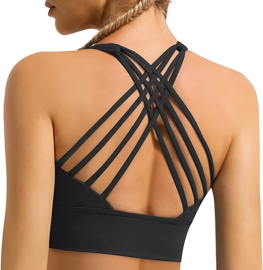 Women'S Strappy Longline Sports Bra Crisscross Back Medium Support Padded Workout Tank Yoga Crop Top #1 Black / Medium