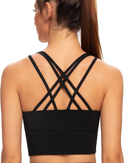 Women'S Strappy Longline Yoga Sports Bra Padded Wireless Crop Top Cami Tank Top Black / X-Large Plus