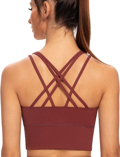 Women'S Strappy Longline Yoga Sports Bra Padded Wireless Crop Top Cami Tank Top Cabernet Red / X-Large Plus