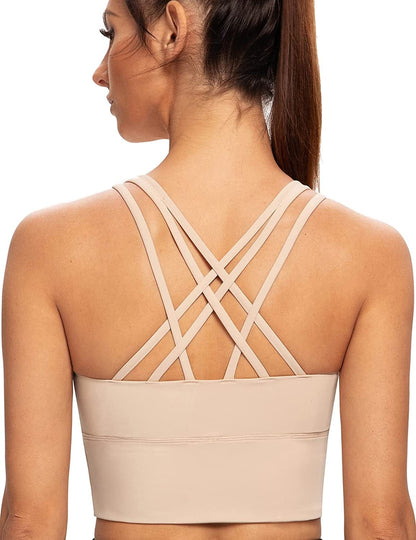Women'S Strappy Longline Yoga Sports Bra Padded Wireless Crop Top Cami Tank Top Pale Nude / X-Large Plus