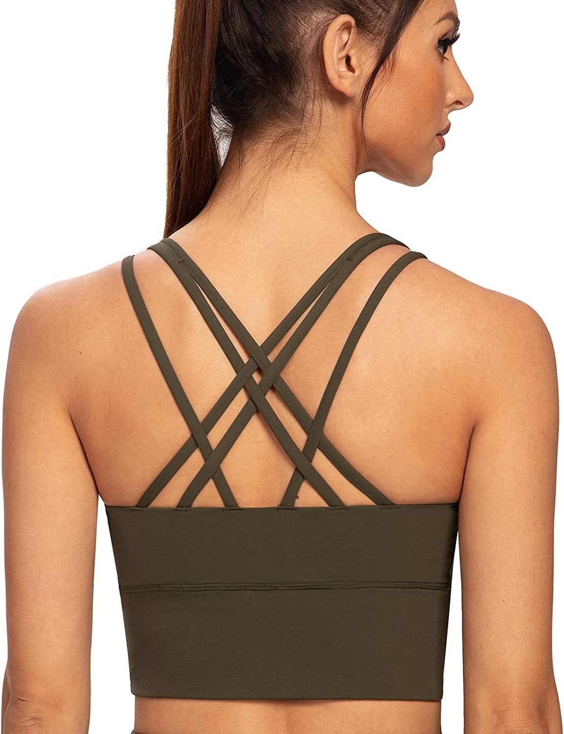 Women'S Strappy Longline Yoga Sports Bra Padded Wireless Crop Top Cami Tank Top Olive Green / X-Large Plus