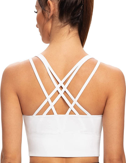 Women'S Strappy Longline Yoga Sports Bra Padded Wireless Crop Top Cami Tank Top White / X-Large Plus