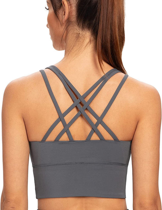Women'S Strappy Longline Yoga Sports Bra Padded Wireless Crop Top Cami Tank Top Iron Gray / X-Large Plus
