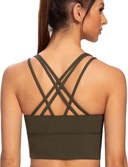Women'S Strappy Longline Yoga Sports Bra Padded Wireless Crop Top Cami Tank Top Olive Green / XX-Large Plus