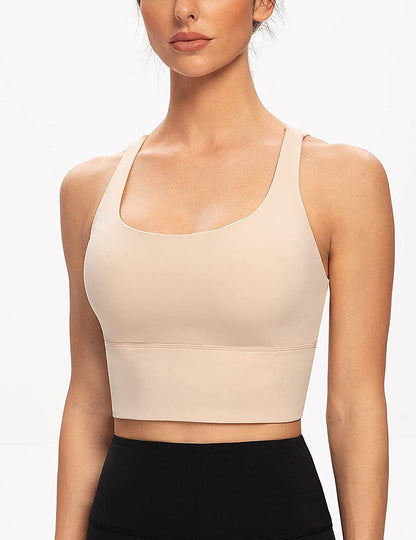 Women'S Strappy Longline Yoga Sports Bra Padded Wireless Crop Top Cami Tank Top