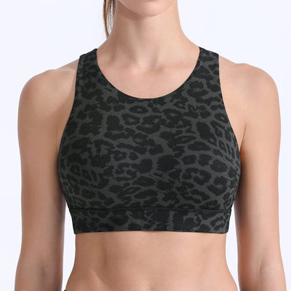 Women'S Strappy Sports Bra - High Neck Full Coverage Workout Bra for Women Medium Impact for Gym Fitness Running Yoga Leopard Medium